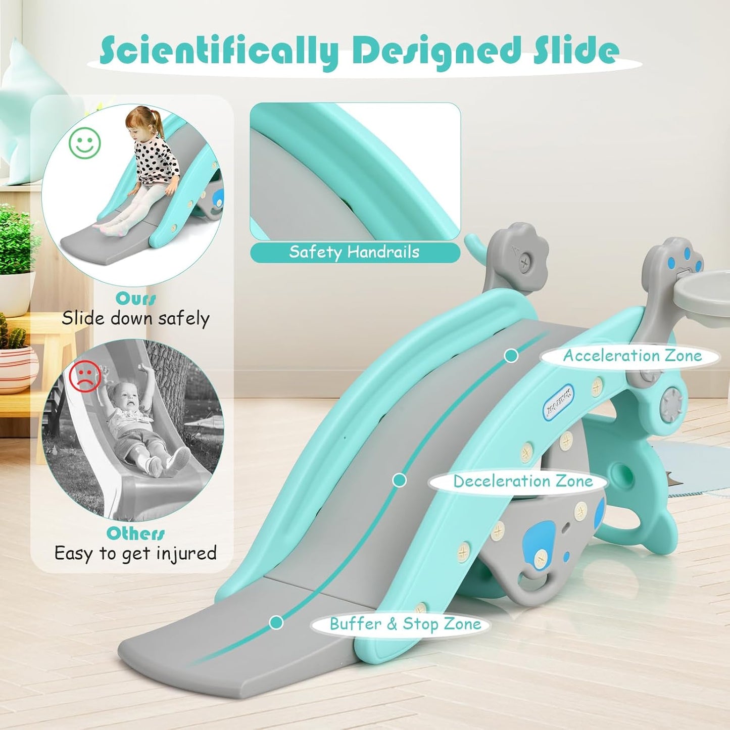 5 in 1 Toddler Slide Rocking Toy, Rocking Horse Playset with Slide, Basketball Hoop, Ring Toss Game, Stool & Inflatable Basketball, Convertible Climber Playground for Indoors Outdoors (Green)