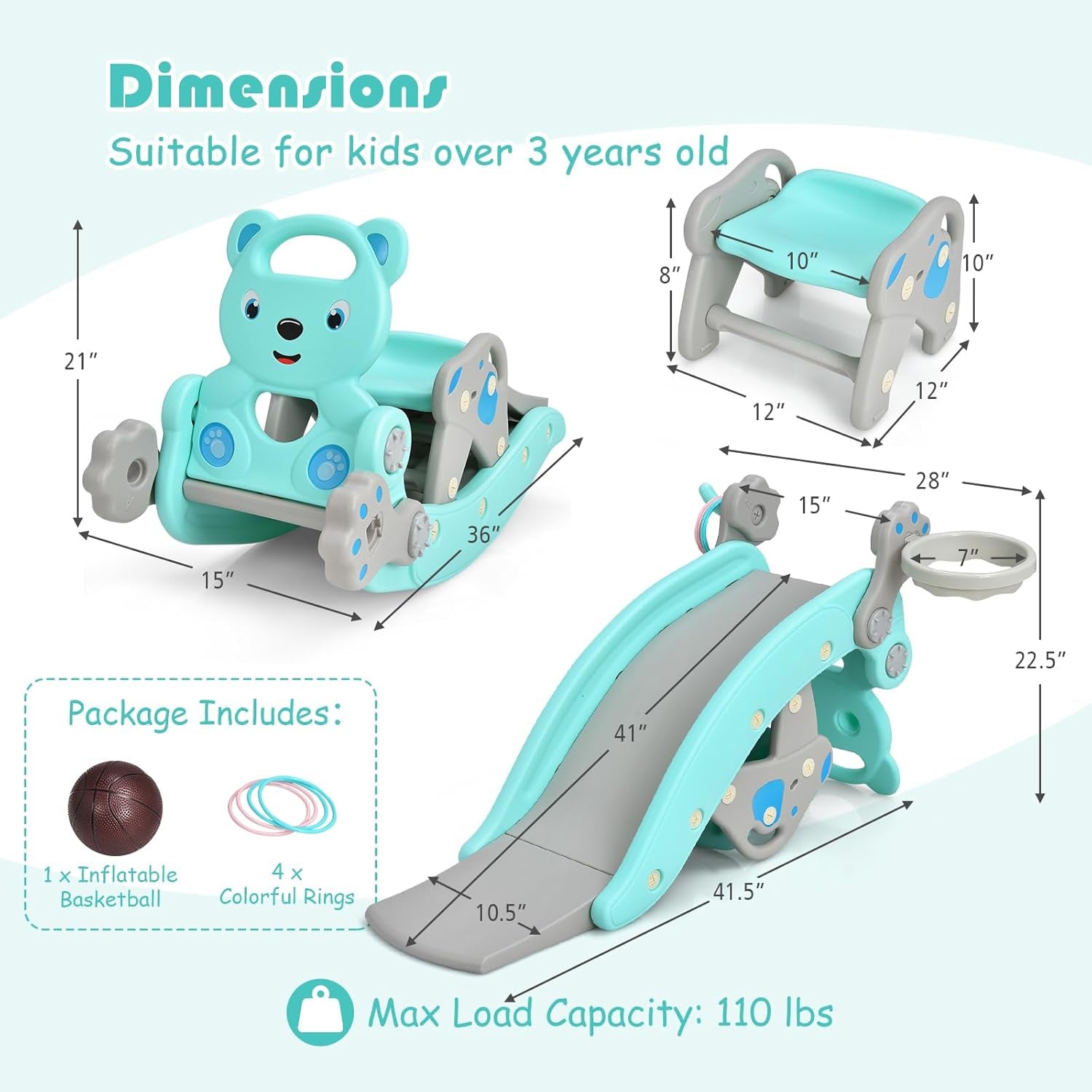 5 in 1 Toddler Slide Rocking Toy, Rocking Horse Playset with Slide, Basketball Hoop, Ring Toss Game, Stool & Inflatable Basketball, Convertible Climber Playground for Indoors Outdoors (Green)
